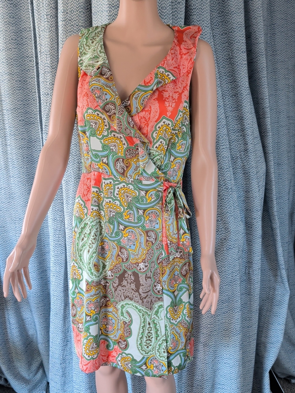 Tommy Hilfiger Coral Paisley Mock Wrap Midi Dress with Green Accents